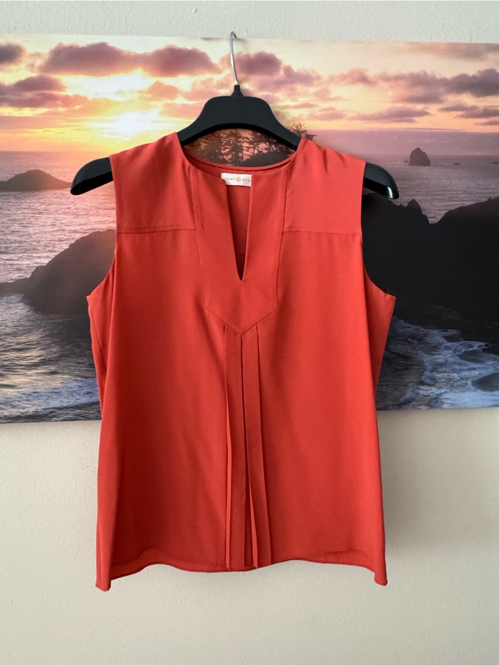 Tory Burch Silk Sleeveless V-Neck Shell Top - Rust Orange/ 4